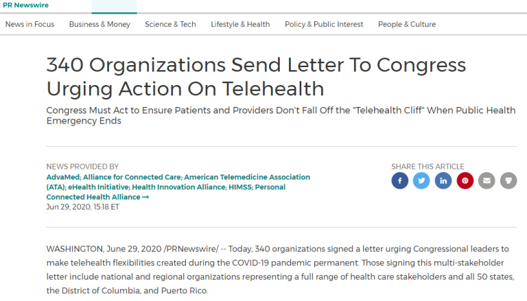 Article titled "340 Organization Send Letter to Congress Urging Action on Telehealth"