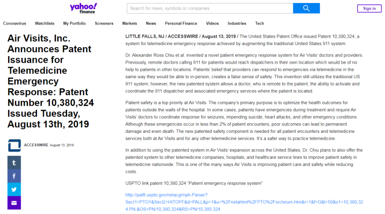 Article titled "Air Visits, Imc. Announces Patent Issuance for Telemedicine Emergency Response: Patent Number 10,380,324 Issued Tuesday, August 13th, 2019"